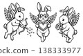 Outline illustration set of 3 angel bunny characters featuring wings, halo, bow and arrow, heart, and rose for Valentine's day design 138333977