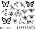 Outline icon set of 20 garden insects featuring butterfly, dragonfly, bee, ladybug, moth and snail for nature design 138333978