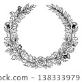 Engraving style illustration of a floral wreath depicting roses and thistles with ornate baroque scrollwork for wedding and heraldic design 138333979