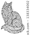 Line art illustration of a fluffy cat depicting ornate swirl patterns and decorative floral details for coloring page design 138334002