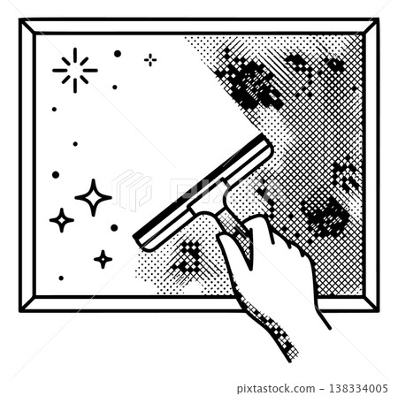 Outline illustration of a hand using a squeegee depicting window cleaning with a before and after effect for home service design 138334005