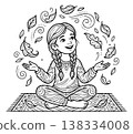 Outline illustration of a girl sitting in meditation pose depicting leaves swirling around her for mindfulness and coloring book design 138334008