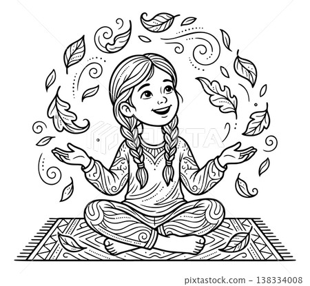 Outline illustration of a girl sitting in meditation pose depicting leaves swirling around her for mindfulness and coloring book design 138334008