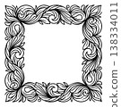 Line art illustration of decorative floral frame depicting swirling leaves and scrollwork for elegant border design 138334011