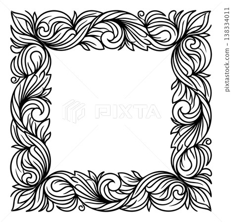 Line art illustration of decorative floral frame depicting swirling leaves and scrollwork for elegant border design 138334011