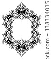 Engraving illustration of baroque decorative frame depicting ornate floral scrollwork and fleur de lis motifs for vintage label design 138334015