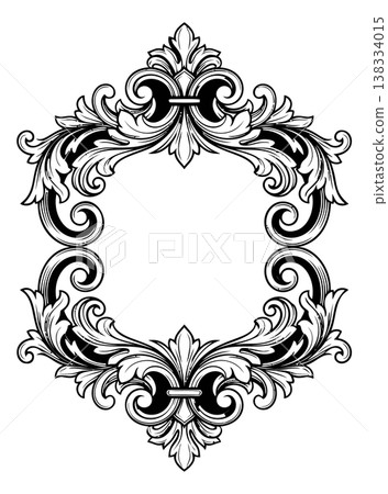 Engraving illustration of baroque decorative frame depicting ornate floral scrollwork and fleur de lis motifs for vintage label design Engraving illustration of baroque decorative frame depicting ornate floral scrollwork and fleur de lis motifs for vintage label design 138334015