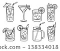 Outline icon set of 8 cocktails featuring tropical drinks, martini, mojito and iced beverages for bar menu design 138334018