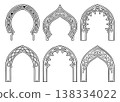 Outline icon set of 6 Islamic arch frames featuring ornamental arabesque patterns and decorative motifs for architectural design 138334022