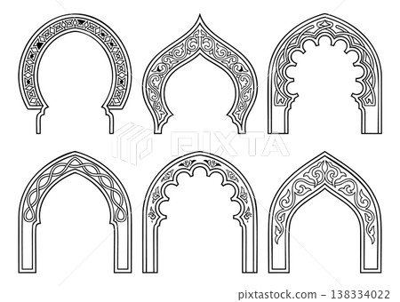 Outline icon set of 6 Islamic arch frames featuring ornamental arabesque patterns and decorative motifs for architectural design Outline icon set of 6 Islamic arch frames featuring ornamental arabesque patterns and decorative motifs for architectural design 138334022