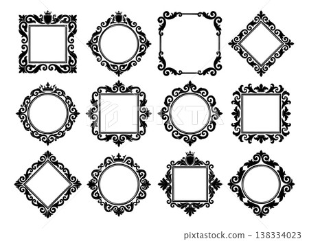 Silhouette icon set of 12 ornate baroque frames featuring scrollwork, crowns and floral flourishes for elegant design 138334023
