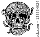 Ornate line art illustration of a sugar skull with snakes depicting floral mandala decoration for tattoo and Day of the Dead design 138334024