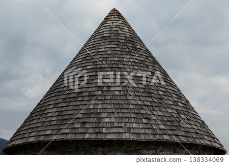 Conical Wooden Roof Detail of Historic Bavarian Tower Conical Wooden Roof Detail of Historic Bavarian Tower 138334069