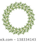 Olive tree branch lush round wreath vector illustration. Hand drawn frame with leaf and twig in botanical style. Green floral element for menu template. Perfect for logo design and product packaging. 138334143
