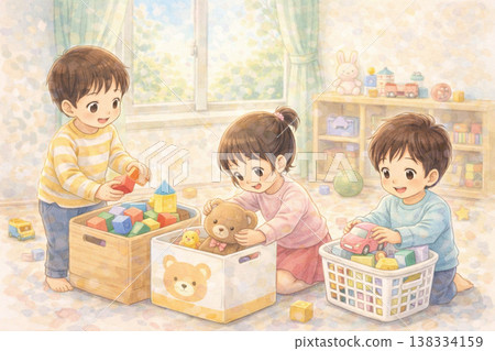 兒童收拾玩具的插畫（幼稚園，日常生活，可愛，日本） 138334159