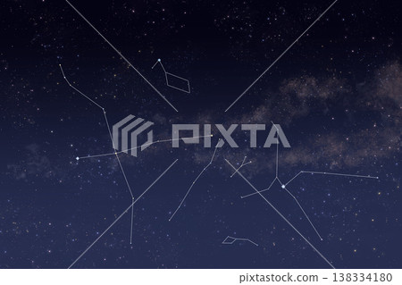 A starry sky background depicting the Summer Triangle and the constellation lines of surrounding constellations. A starry sky background depicting the Summer Triangle and the constellation lines of surrounding constellations. 138334180