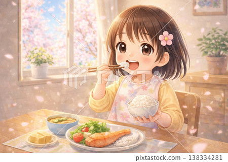 "Illustration of a girl eating (child, meal, daily life, cute, Japan)" 138334281