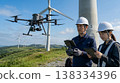 Workers inspect wind turbines using drones. 138334396