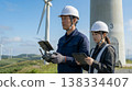 Workers inspect wind turbines using drones. 138334407