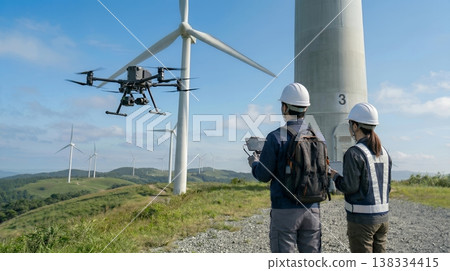 Workers inspect wind turbines using drones. 138334415