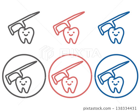一組可愛的牙齒和牙線圖標，包含灰色、摩卡和藍色三種顏色，圓形邊框。 （口腔衛生，口腔護理） 138334431