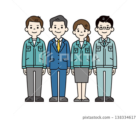 A set of full-body vector illustrations of a factory owner/president, a female office worker, and male employees in work clothes. A set of full-body vector illustrations of a factory owner/president, a female office worker, and male employees in work clothes. 138334617