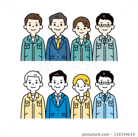 一組向量插圖，展示了一位身穿西裝的中年男子的上半身，以及幾位男女工程師、工人和員工。 138334619