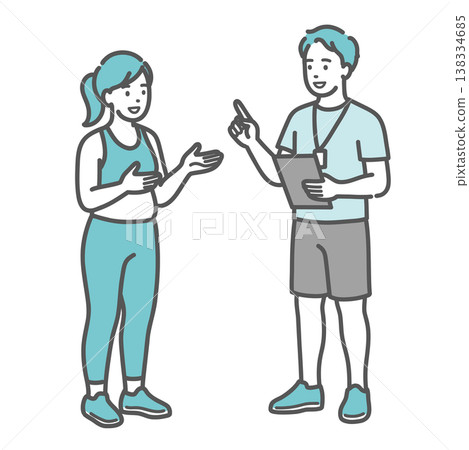 插圖描繪了一位身材略微豐滿的女士面帶微笑，與一位男教練交談和交流。 138334685