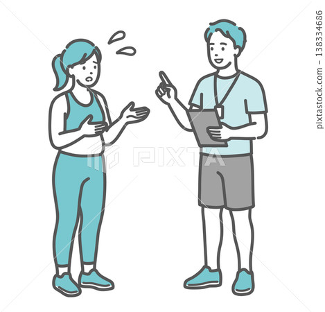 An illustration of a slightly overweight woman with an anxious expression consulting with a male trainer. An illustration of a slightly overweight woman with an anxious expression consulting with a male trainer. 138334686