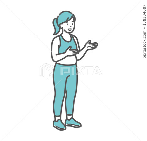 一幅插圖，描繪了一位身穿運動服的胖女人微笑地說話/解釋著什麼。 138334687