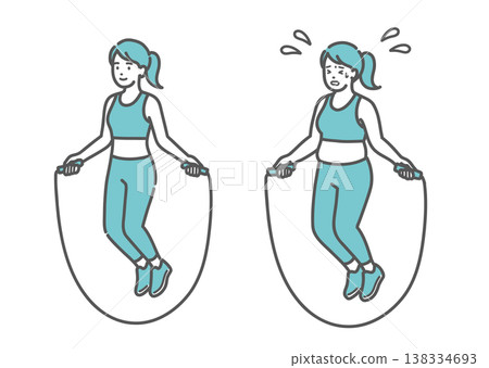 A set of illustrations comparing a woman with an ideal figure who is happily jump roping with a smile, and a chubby woman who is struggling. 138334693
