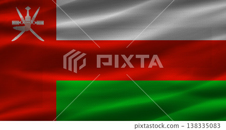 Oman flag with fabric texture. Realistic flag of Oman waving Oman flag with fabric texture. Realistic flag of Oman waving 138335083