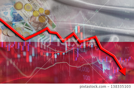 Poland financial fall on economy market. Polish financial crisis on economic graph Poland financial fall on economy market. Polish financial crisis on economic graph 138335103