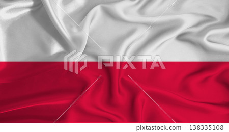 Realistic Poland flag waving. Close up of flag of Poland with cloth texture Realistic Poland flag waving. Close up of flag of Poland with cloth texture 138335108