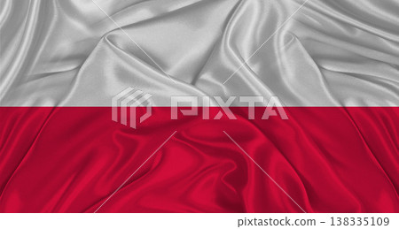 Polish flag with fabric texture. Realistic flag of Poland waving, National flag 138335109