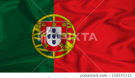Realistic Portugal flag waving. Close up of flag of Portugal with cloth texture Realistic Portugal flag waving. Close up of flag of Portugal with cloth texture 138335111
