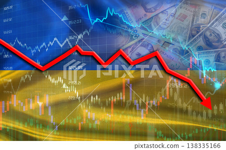 Ukraine financial crisis on economic graph. Financial fall of Ukraine on economy market Ukraine financial crisis on economic graph. Financial fall of Ukraine on economy market 138335166