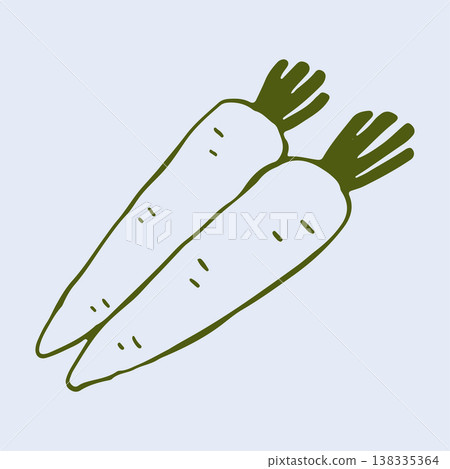 Hand drawn vector graphic of two fresh carrots with green tops. This simple line art vegetable illustration is perfect for organic food packaging and farm market signage 138335364