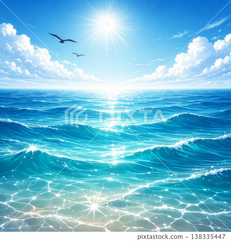 Seagulls, blue sky, and the summer sea reflecting the sunlight. Seagulls, blue sky, and the summer sea reflecting the sunlight. 138335447