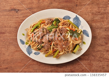Stir fried beef noodle with shacha sauce Stir fried beef noodle with shacha sauce 138335457