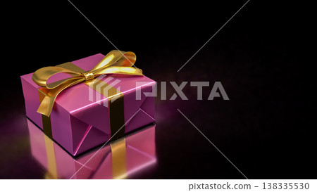 Luxury Pink Gift Box With Golden Ribbon On Dark Background 3d render. 138335530