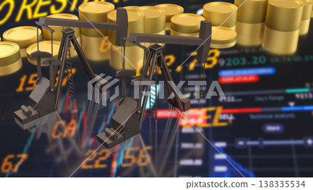 Oil Pump Jack With Stock Market And Gold Coins Concept 3d render. Oil Pump Jack With Stock Market And Gold Coins Concept 3d render. 138335534