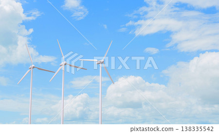 Wind Turbines Blue Sky Renewable Energy Concept 3d render. Wind Turbines Blue Sky Renewable Energy Concept 3d render. 138335542