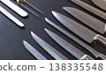 Professional Kitchen Knives Set On Dark Background 3d render. 138335548