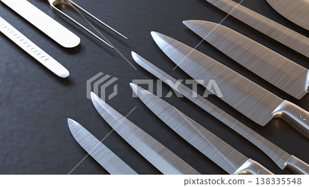 Professional Kitchen Knives Set On Dark Background 3d render. Professional Kitchen Knives Set On Dark Background 3d render. 138335548