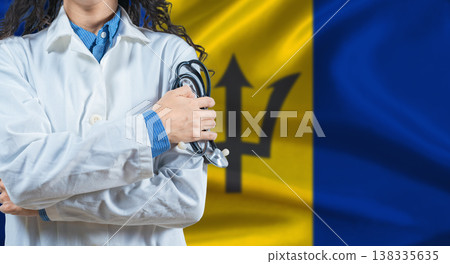 Healthcare professional with Barbados flag background. Professional doctor holding stethoscope on Barbados flag background 138335635