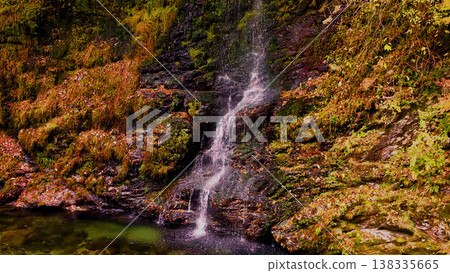 A waterfall cascading down a rocky face - clear water and colorful trees A waterfall cascading down a rocky face - clear water and colorful trees 138335665