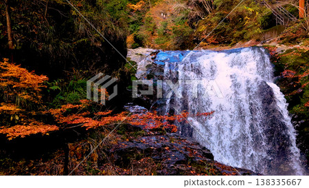 Sounds of nature: the sound of flowing water and the silence of autumn, an aerial shot of a waterfall in the mountains. Sounds of nature: the sound of flowing water and the silence of autumn, an aerial shot of a waterfall in the mountains. 138335667