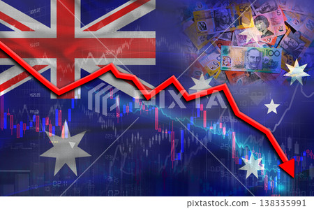 Australia financial fall on economy market. Australian financial crisis on economic graph 138335991