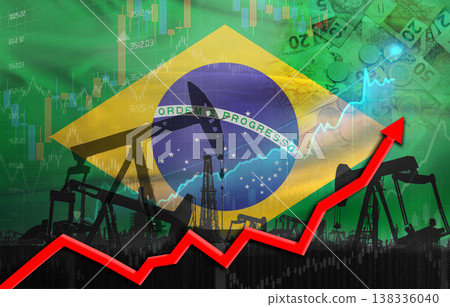 Oil production with Brazilian flag, petrol industry. Oil pumps with Brazil flag Oil production with Brazilian flag, petrol industry. Oil pumps with Brazil flag 138336040